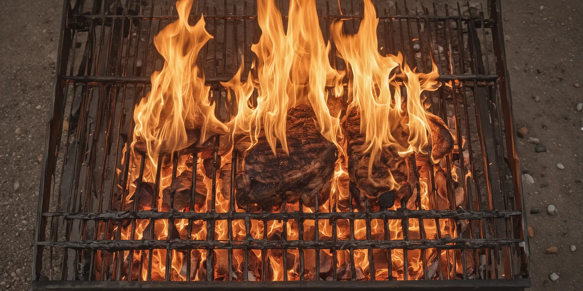 View from above, flames engulfing a barbecue grill.