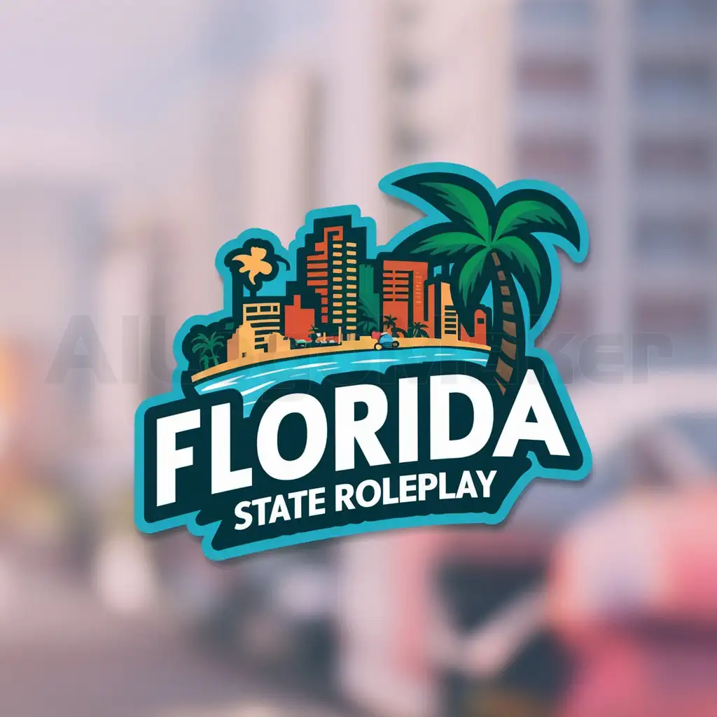 a logo design,with the text "Florida State Roleplay", main symbol: The logo with "Florida State Roleplay" text on it. Decorated with Downtown Florida view including building, cityscape, palm tree, beach and make it colorful.,Moderate,clear background