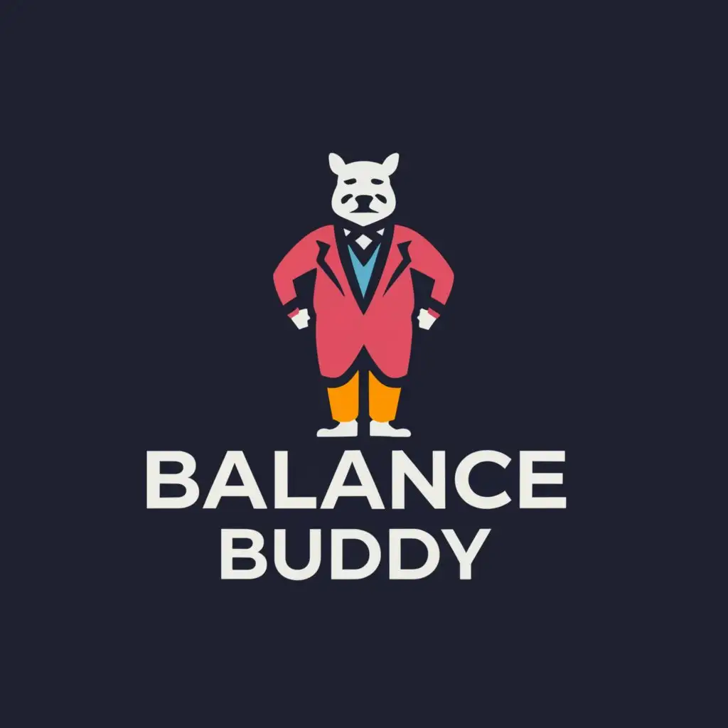 a logo design,with the text "Balance Buddy", main symbol:A stylish man, retro bright colour style, wearing suit.,Moderate,be used in Animals Pets industry,clear background