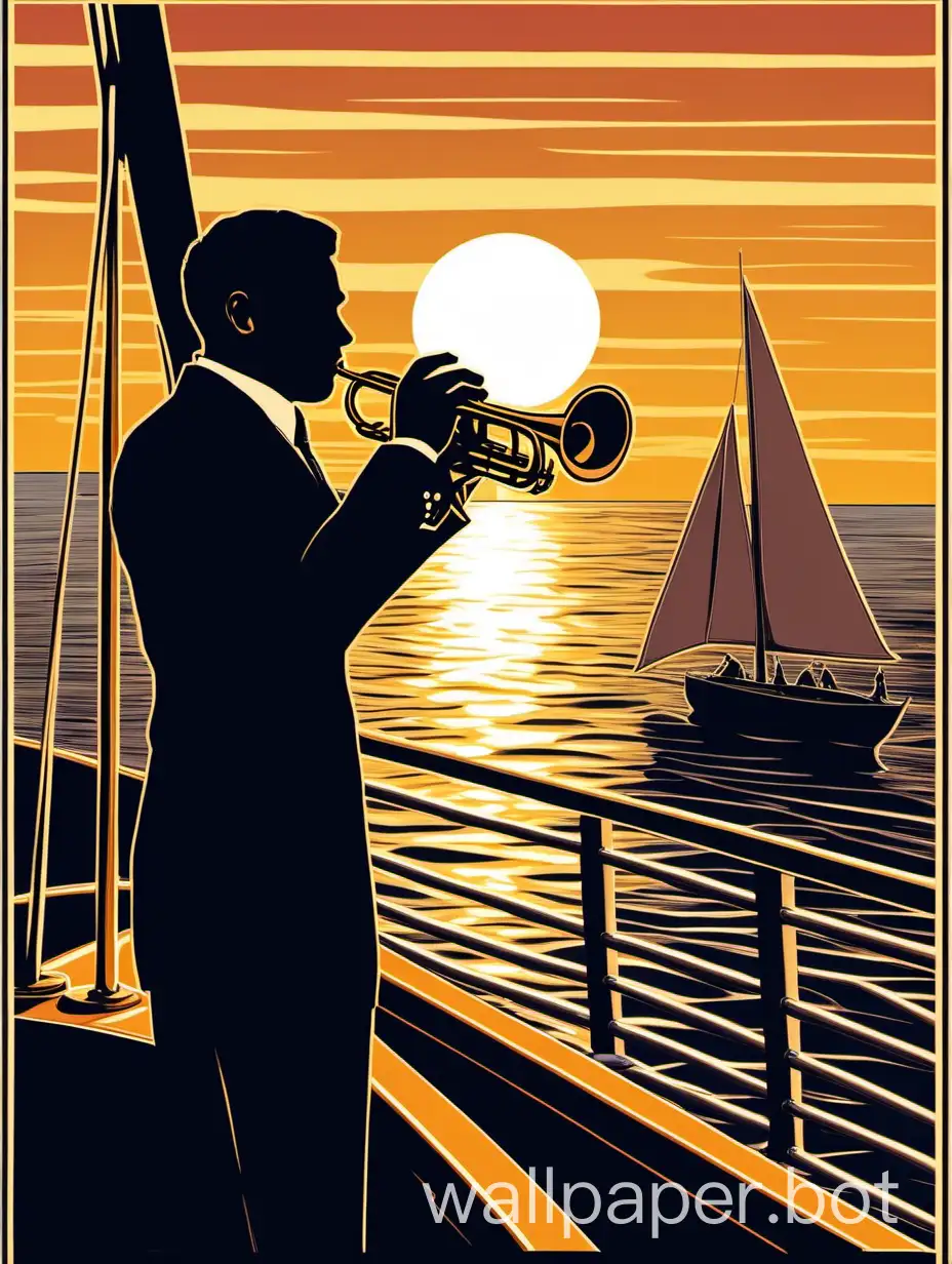 man wearing a suit, playing a trumpet on a sailboat at sunset, Broadway poster style