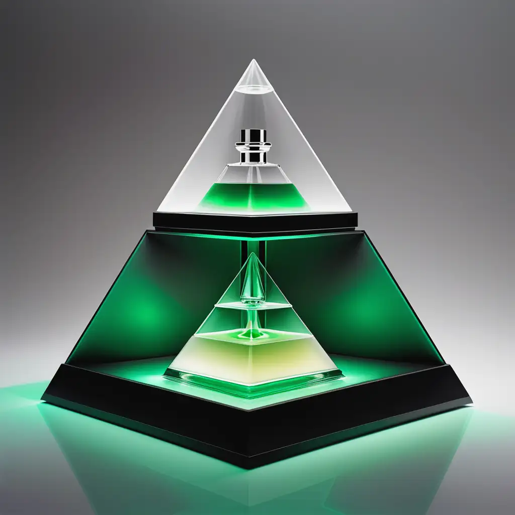 create a fragrance pyramid, section in 3 parts top middle and base with the top section illuminated in green