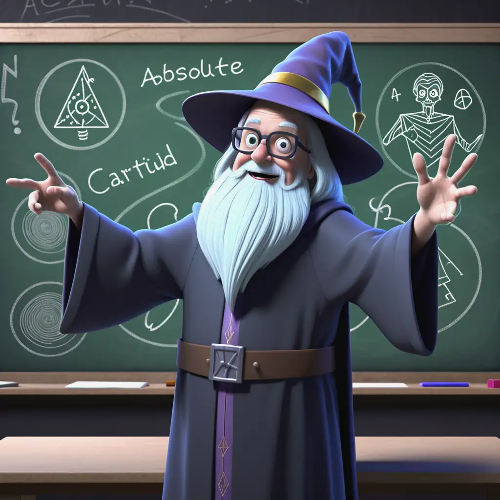 Cartoony AI Wizard Teaching Basics with Chalkboard Background