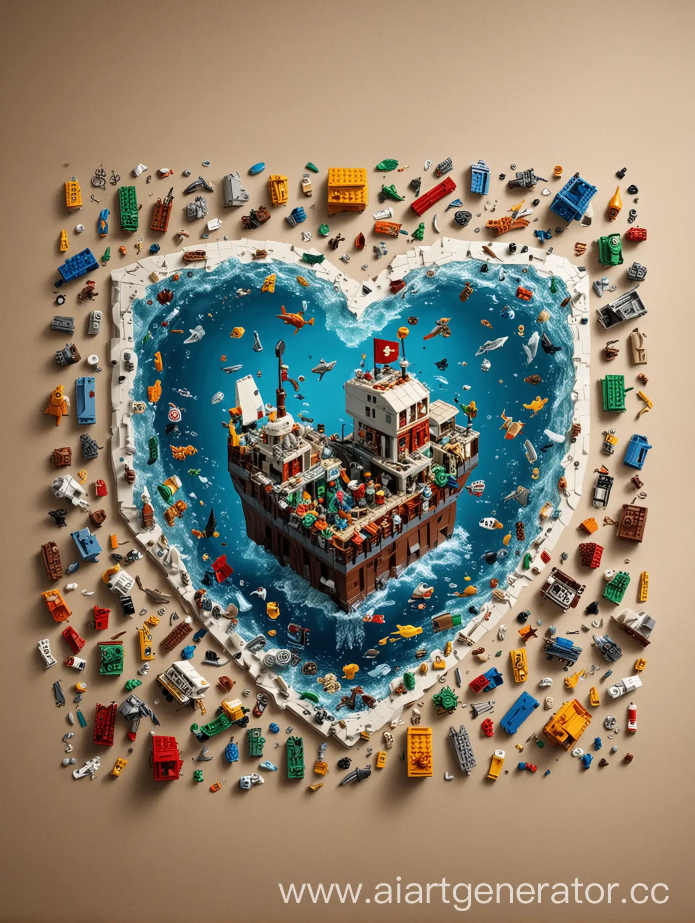 please make me a picture of a lego set on the theme, the theme of which will be the recycling of plastic from the ocean