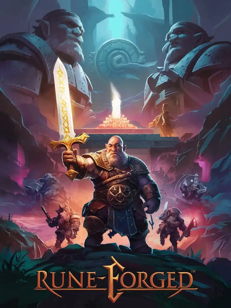 STYLIZED GAME ART WITH LOGO ONLY "RUNEFORGED" LOOMING dwarven STATUES, vibrant fantasy frontier, dwarf WARDEN hero, RUNE altar, epic quest, RUNE STONE, rpg video game cover
