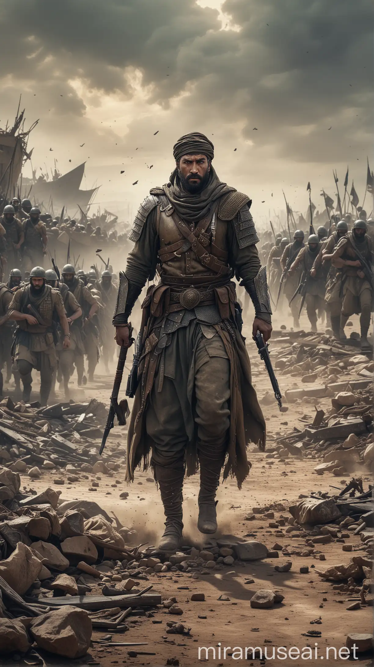 Generate an image of a lone warrior, Shammah, standing resolutely amidst chaos, with soldiers fleeing in the background.