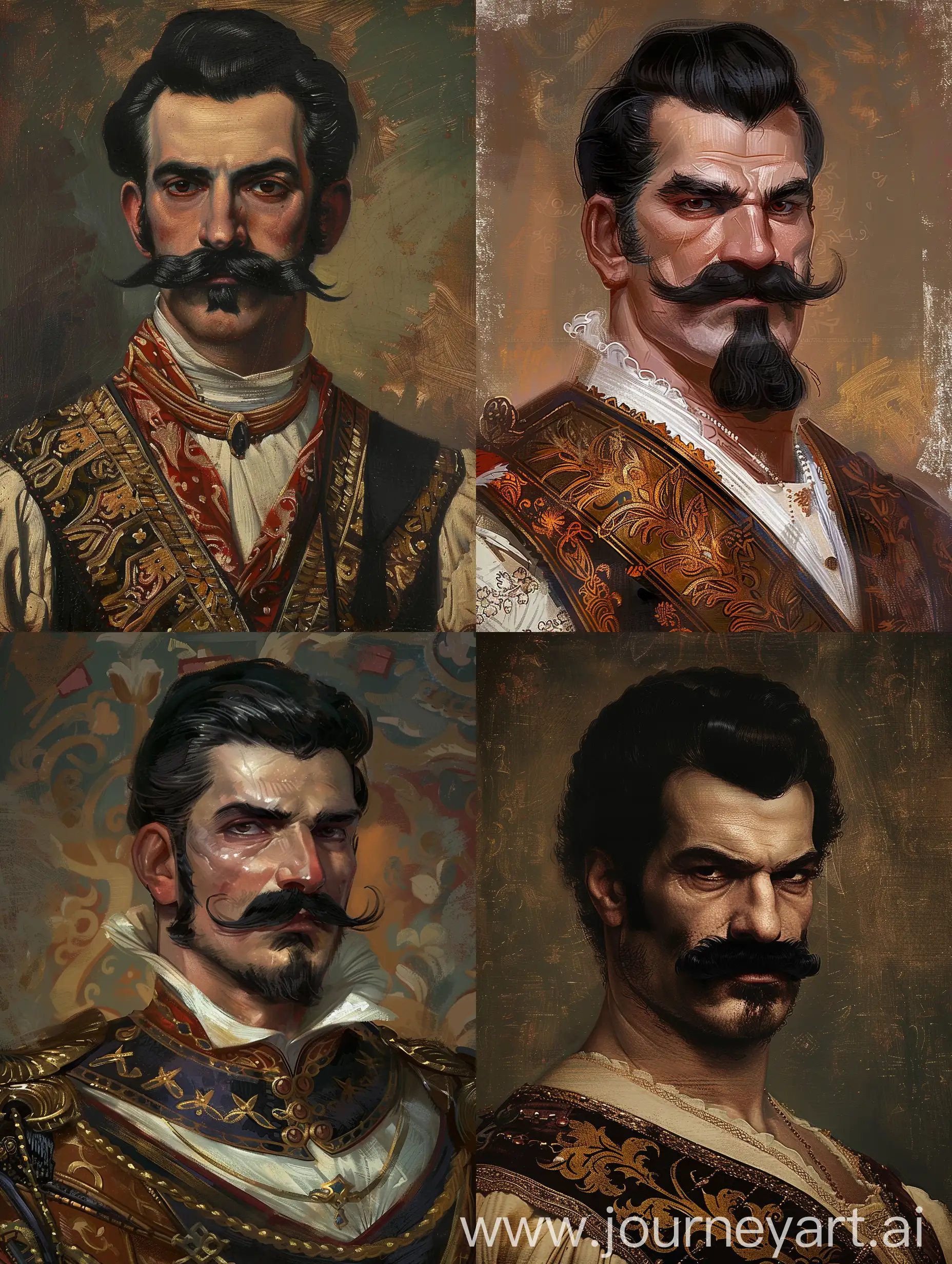 Create an image of a Greek Ottoman Pasha with distinct masculine features. He has black hair and a thick black mustache, with a prominent chin characteristic of the Dinarid type. The painting should be in the Renaissance style, reminiscent of the works of Leonardo da Vinci, capturing the grandeur and detail typical of that era. The Pasha is adorned in traditional Ottoman attire, with rich fabrics and intricate designs that reflect his high status. The background should be classic and elegant, complementing the overall regal and historical aesthetic of the portrait.