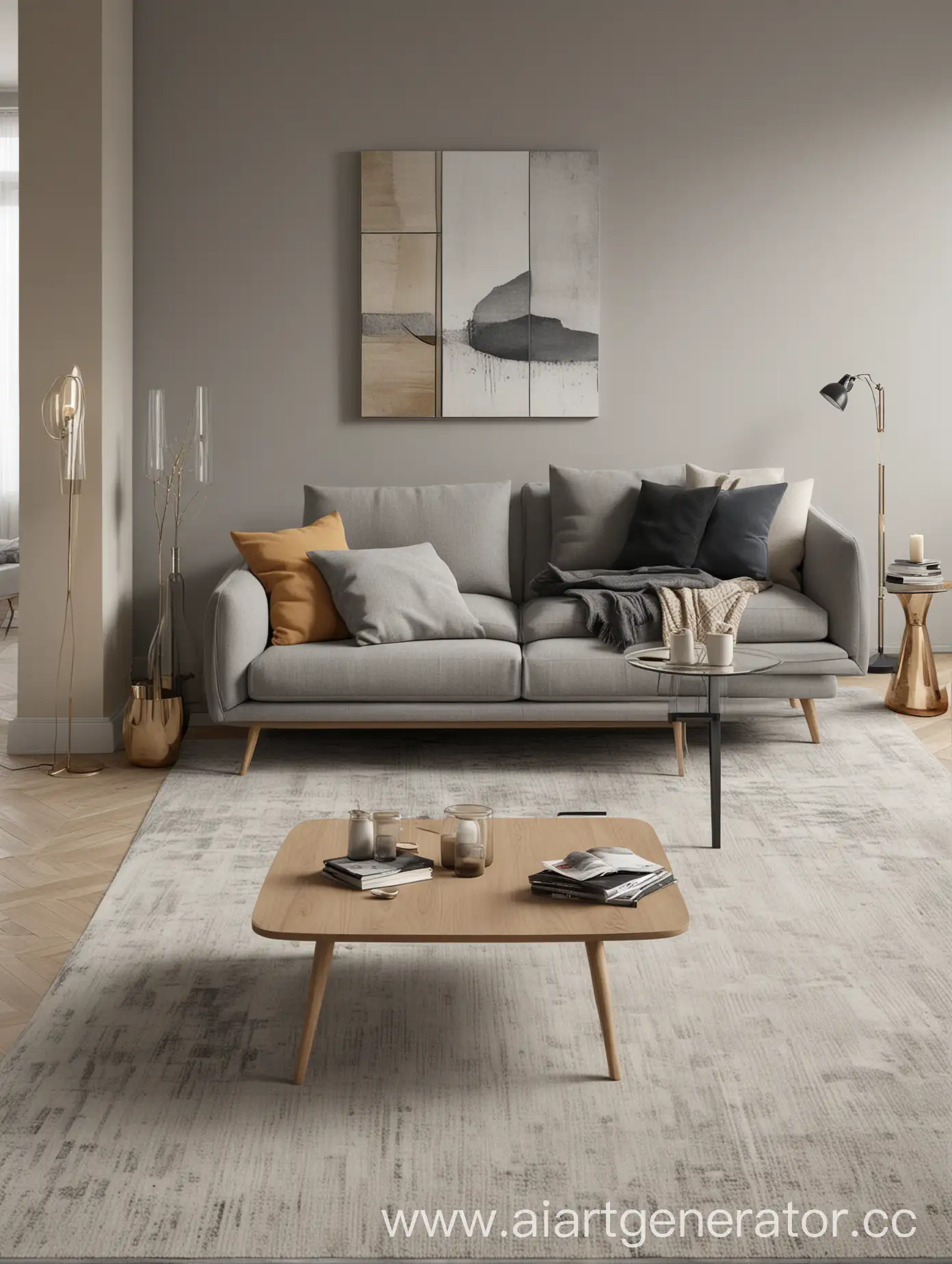 Color collage, minimalist interior, gray sofa, mood board, Scandinavian style, gray walls, living room fireplace, floor lamp, glass table, beige carpet, photorealistic, color example, interior design, coating example, sketch, on a white background -ar 3:2