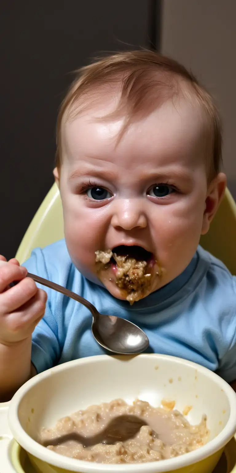 A baby eating out of a bowl with a spoon making a yucky face 