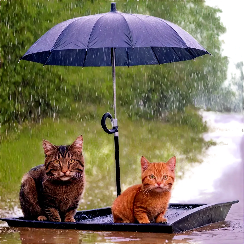 Mon and baby ten cat under raining near lake