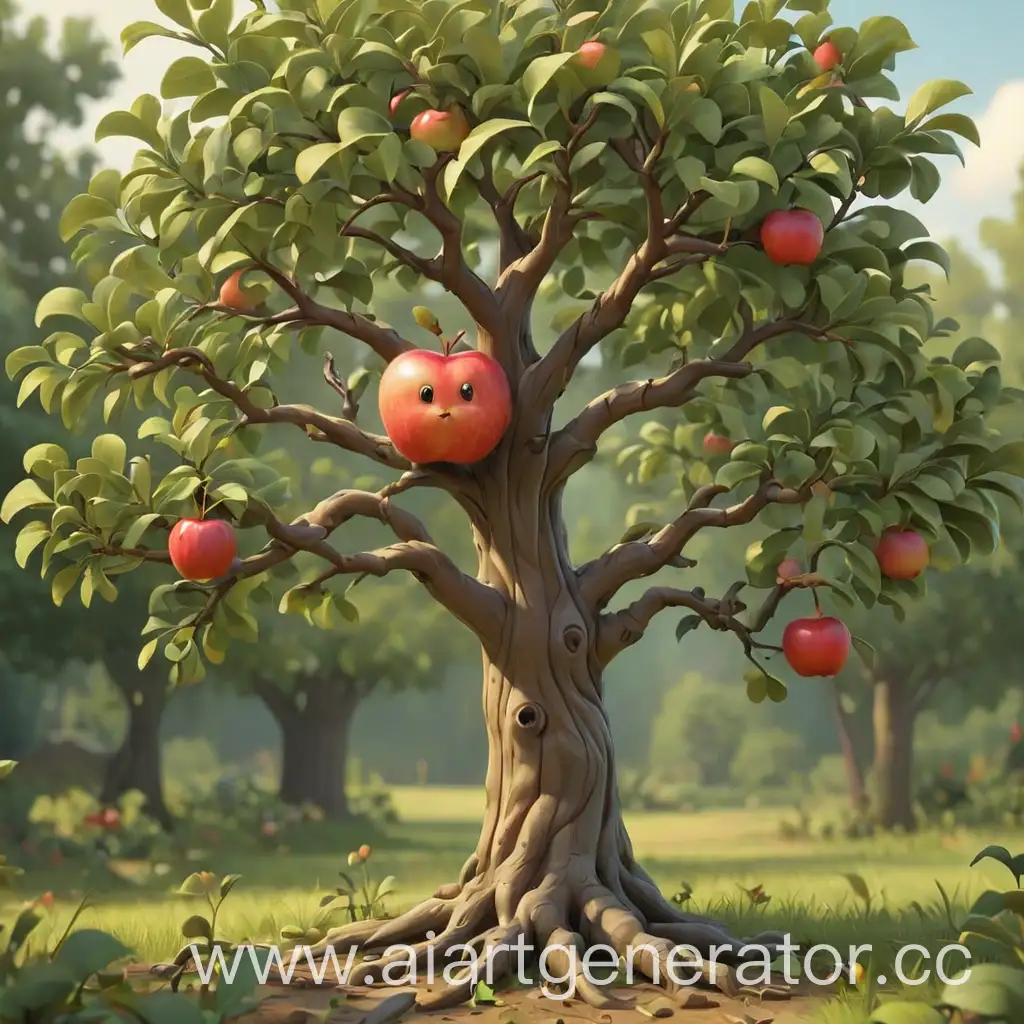 мультяшное дерево с яблоком на ветках