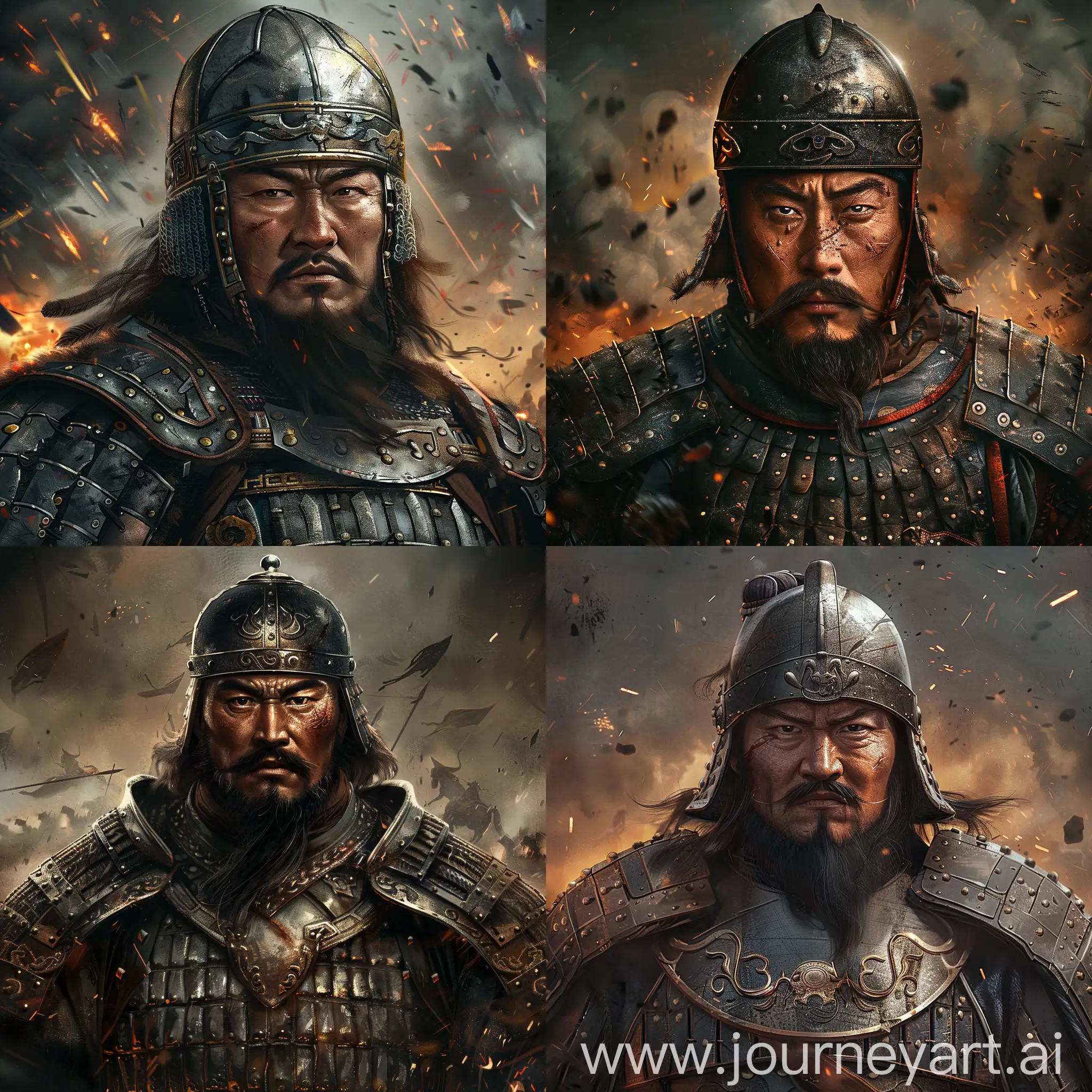Portrait of Genghis Khan, depicted in Mongolian lamellar armor and Mongolian helmet, beard and mustache, historical accuracy, war and chaos background, his face expression is cruel, cinematic lighting