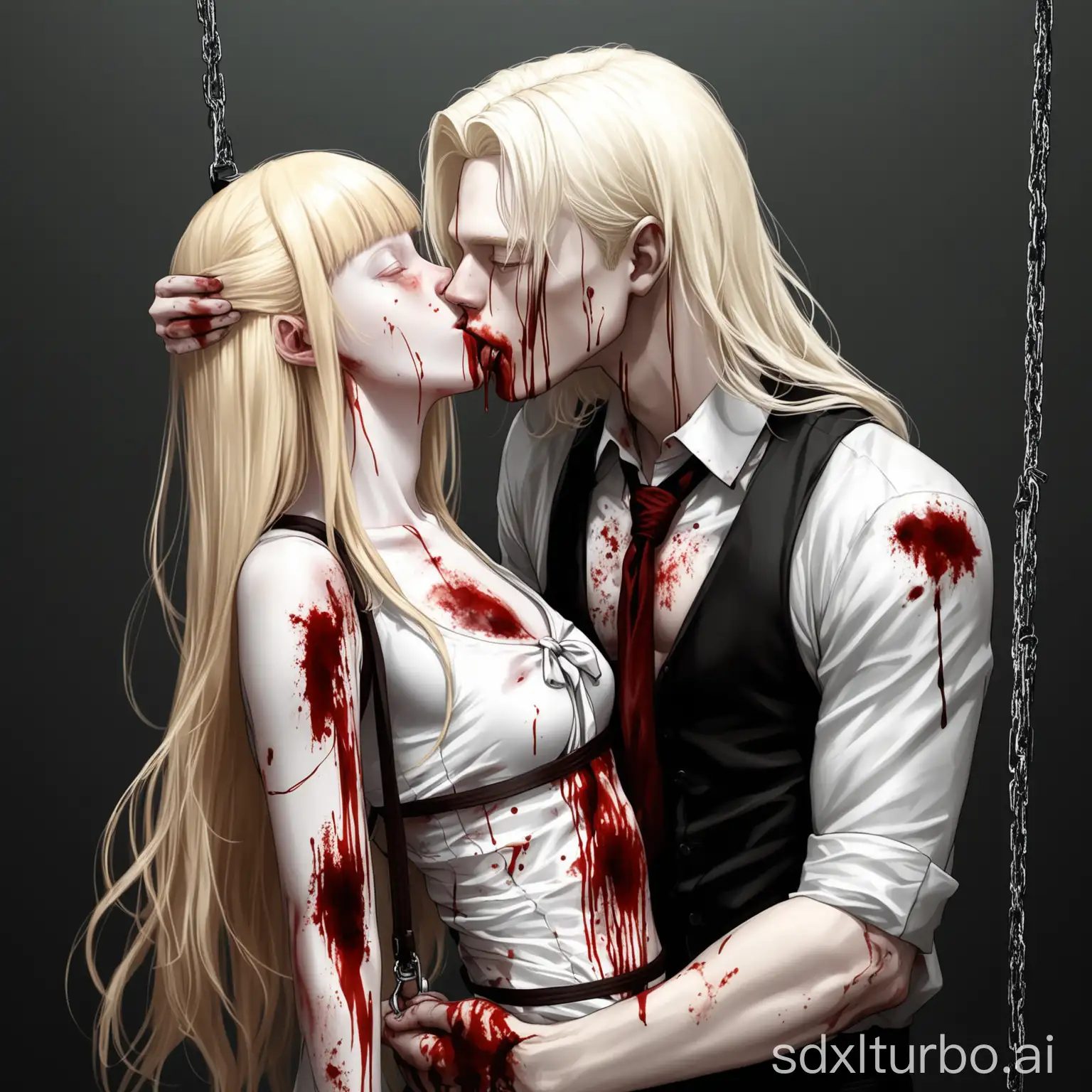 Albino handsome young man, long hair with bangs, with blood stains on the body, holding while kissing a blonde young woman on a leash, tied up