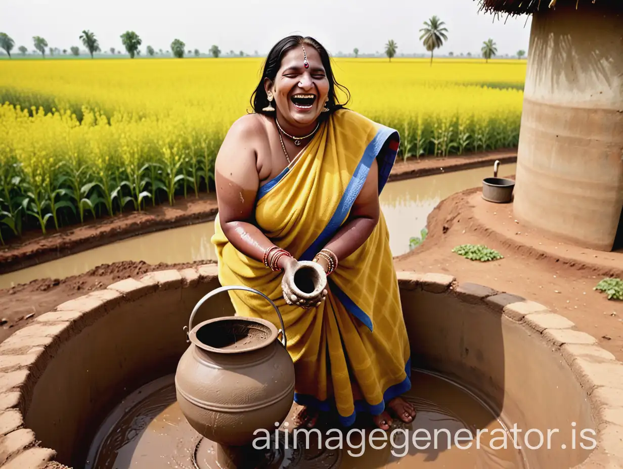 a india mature fat woman wearing a fabric cotton check towel smiling and laughing with make up holding a mud water pot on arm pit standing near a water well in a mustard field . she is wearing bangle on hands and anklet in feet 