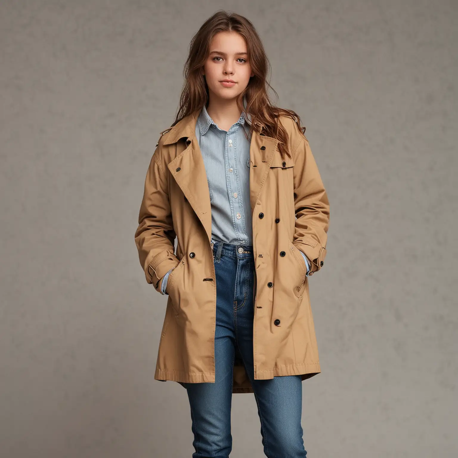 16-year old girl with trench coat jeans and boots with her hands in her pockets