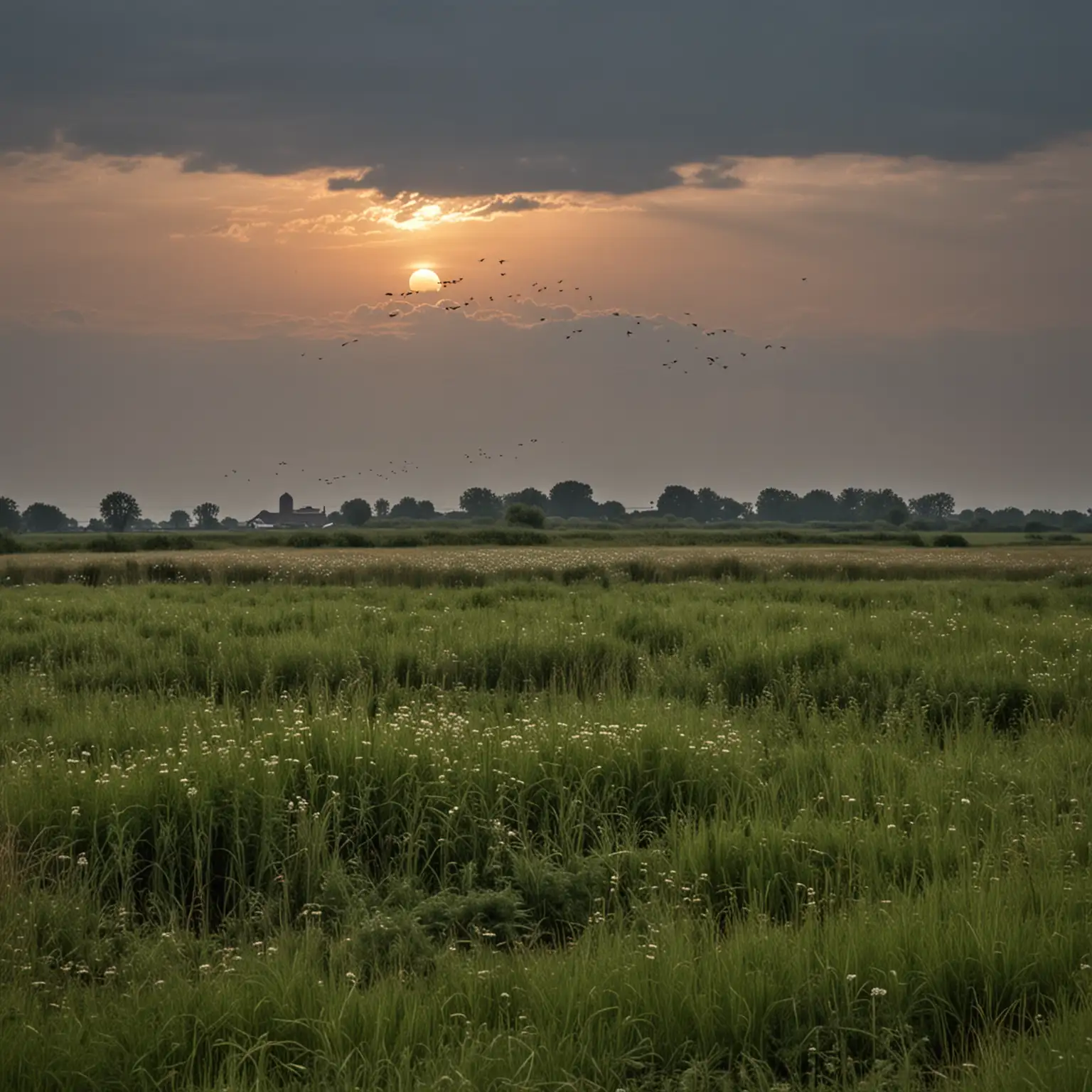 a picture of the landscape in Wessinghuizen in the south east of Groningen during early summer late in de evening with birds, frogs and a barn owl