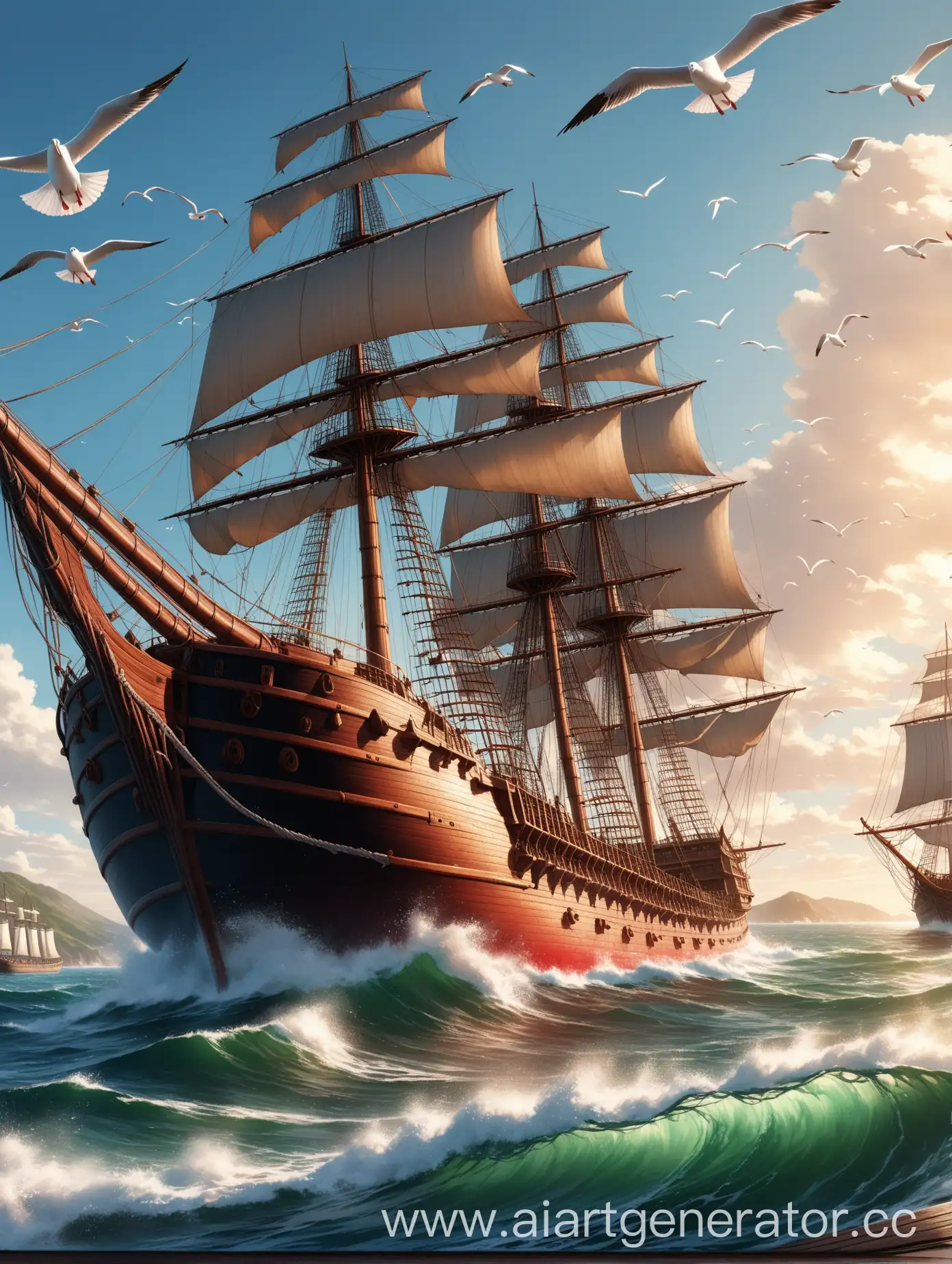 Detailed-Sailing-Ship-Cover-with-Kraken-and-Seagulls-on-Red-Sea