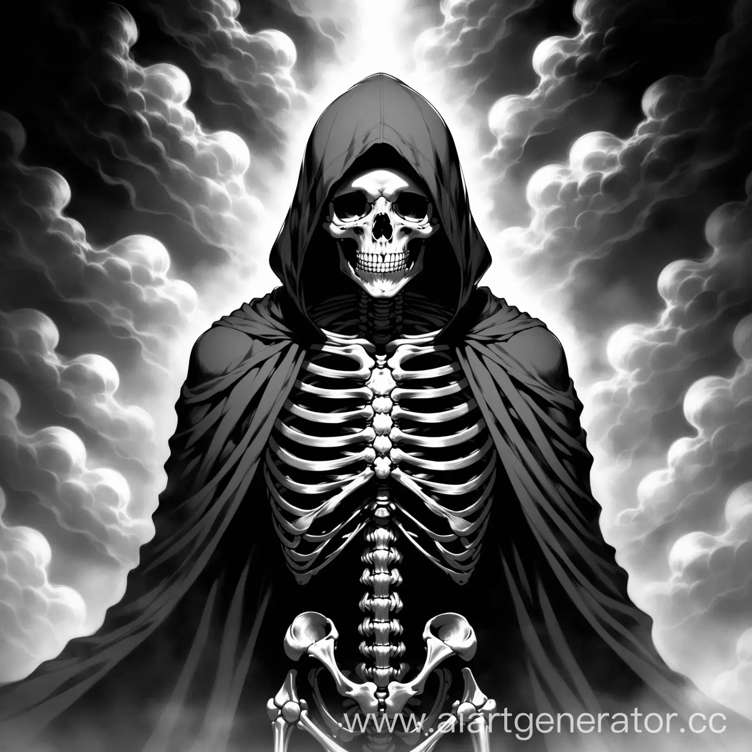 скелет, дым из мышц и плоти , чёрно-белое, божественное, безысходность, капюшон .