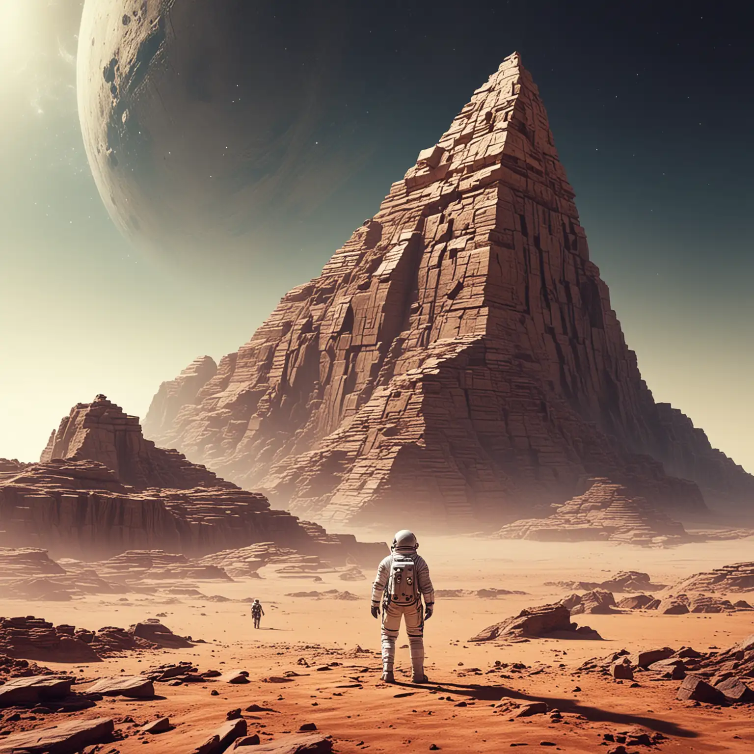 Astronaut on desert planet looking at a large ziggurat