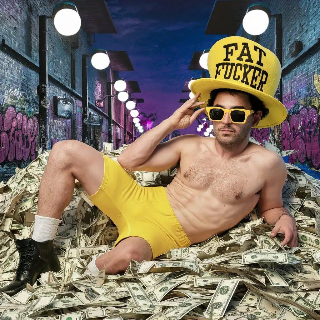 Один жёлтый смаил с солнечными очками,с кепкой, на кепке написано "FAT FUCKER", лежит в куче долларов