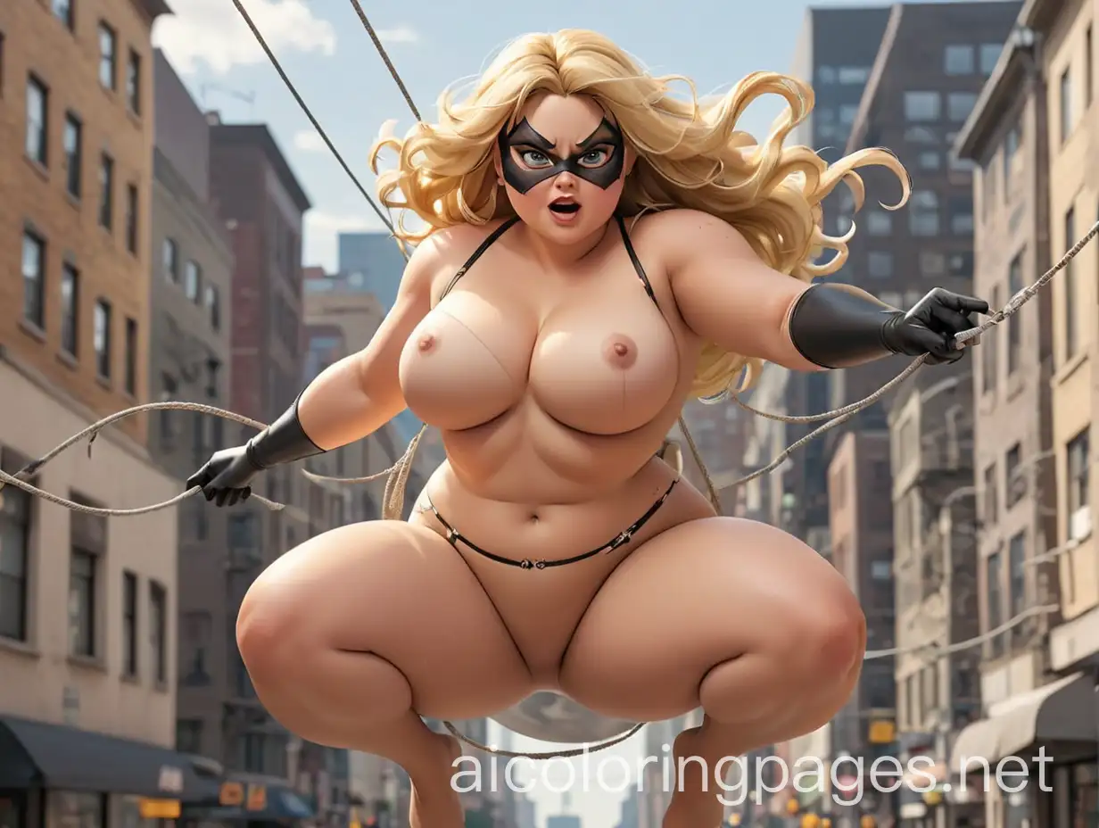 nude chubby blond comic masked spiderwoman with big boobs swinging on a line in the city, Coloring Page, black and white, line art, white background, Simplicity, Ample White Space. The background of the coloring page is plain white to make it easy for young children to color within the lines. The outlines of all the subjects are easy to distinguish, making it simple for kids to color without too much difficulty