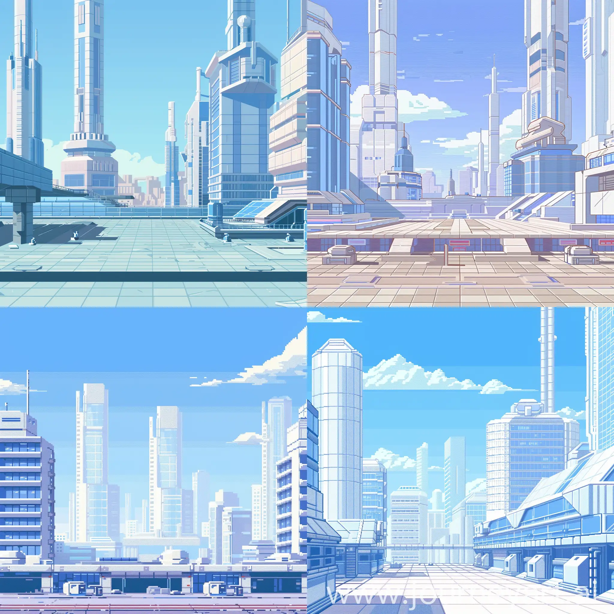 2D pixel art background for a USSR-themed game. Retrofuturism/futurism style. Day. background: Blue sky, several tall buildings in the distance with white concrete and glass cladding. Rounded or sharp angles. Foreground: glassy building and other futuristic elements.