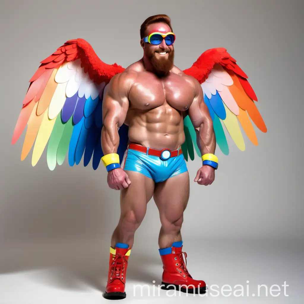 Muscular RedHeaded Bodybuilder Flexing Biceps with Rainbow Wings Jacket and Doraemon Goggles