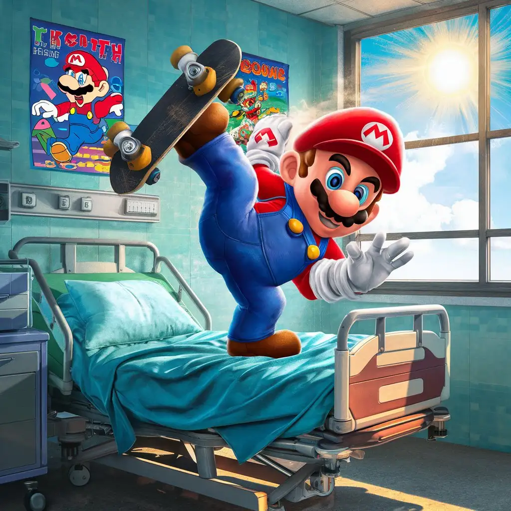 Mario does a kick flip on his skateboard on his hospital bed