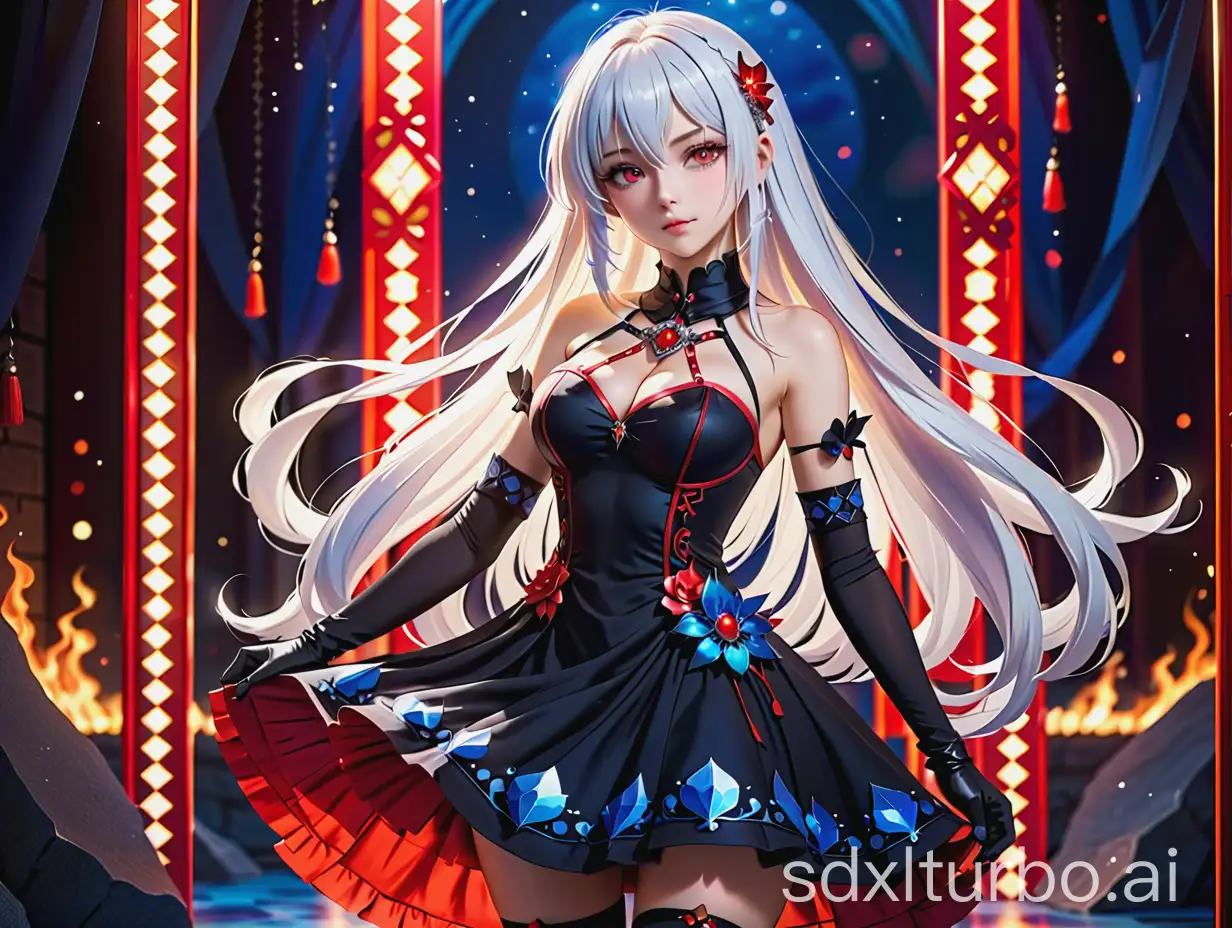 anime girl. White long hair with bangs. Red fiery eyes. A black sundress dress made of thick fabric with decorations of blue and red stones. Short dress with a neckline. Black gloves made of thick fabric. With decorations of blue and red inserts. Black knee-high stockings with red inserts. Fantasy background. Full-length.