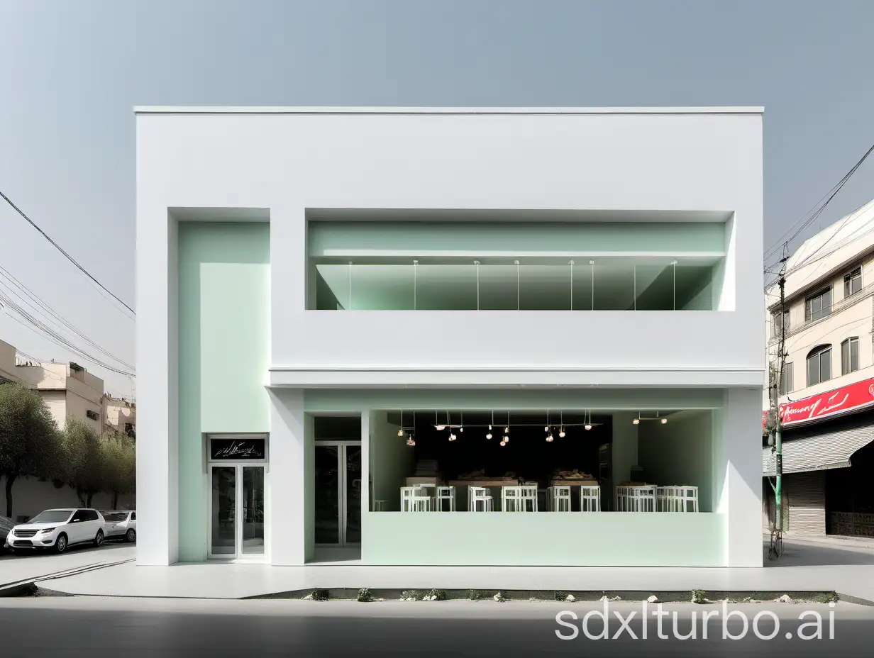 exterior design of a minimalist pastry shop with 20% white color, partial use of pale gray and pale green, large space, white floor and ceiling, located in Tehran, Iran