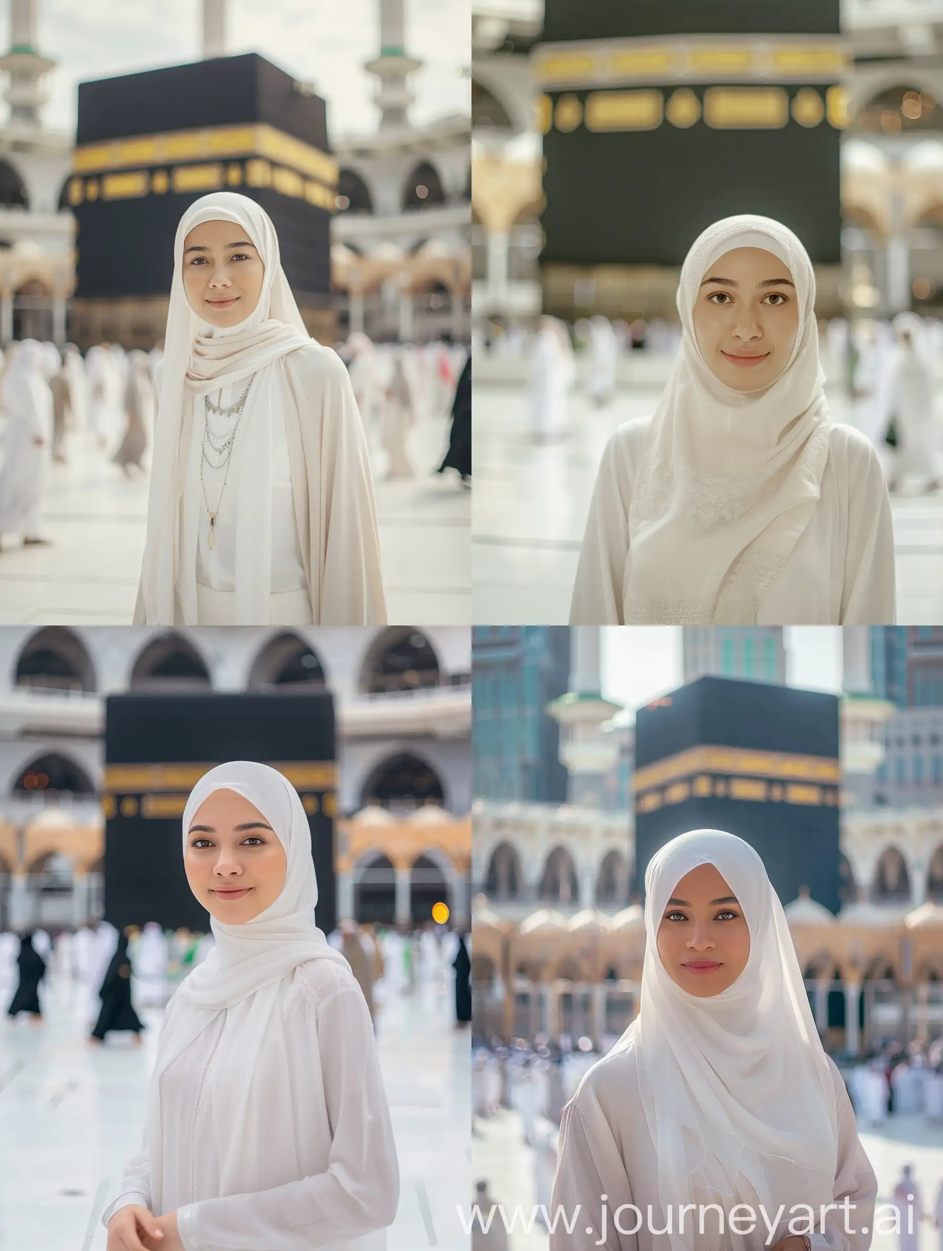 Fotografi sinematik. Wanita cantik hijab Indonesia mengenakan mukenah tertutup putih muslim.wanita itu berada di Arab Saudi.Fokus fokus berdiri.dibelakangnya terdapat Kakbah. Badan menghadap kedepan. Tersenyum.