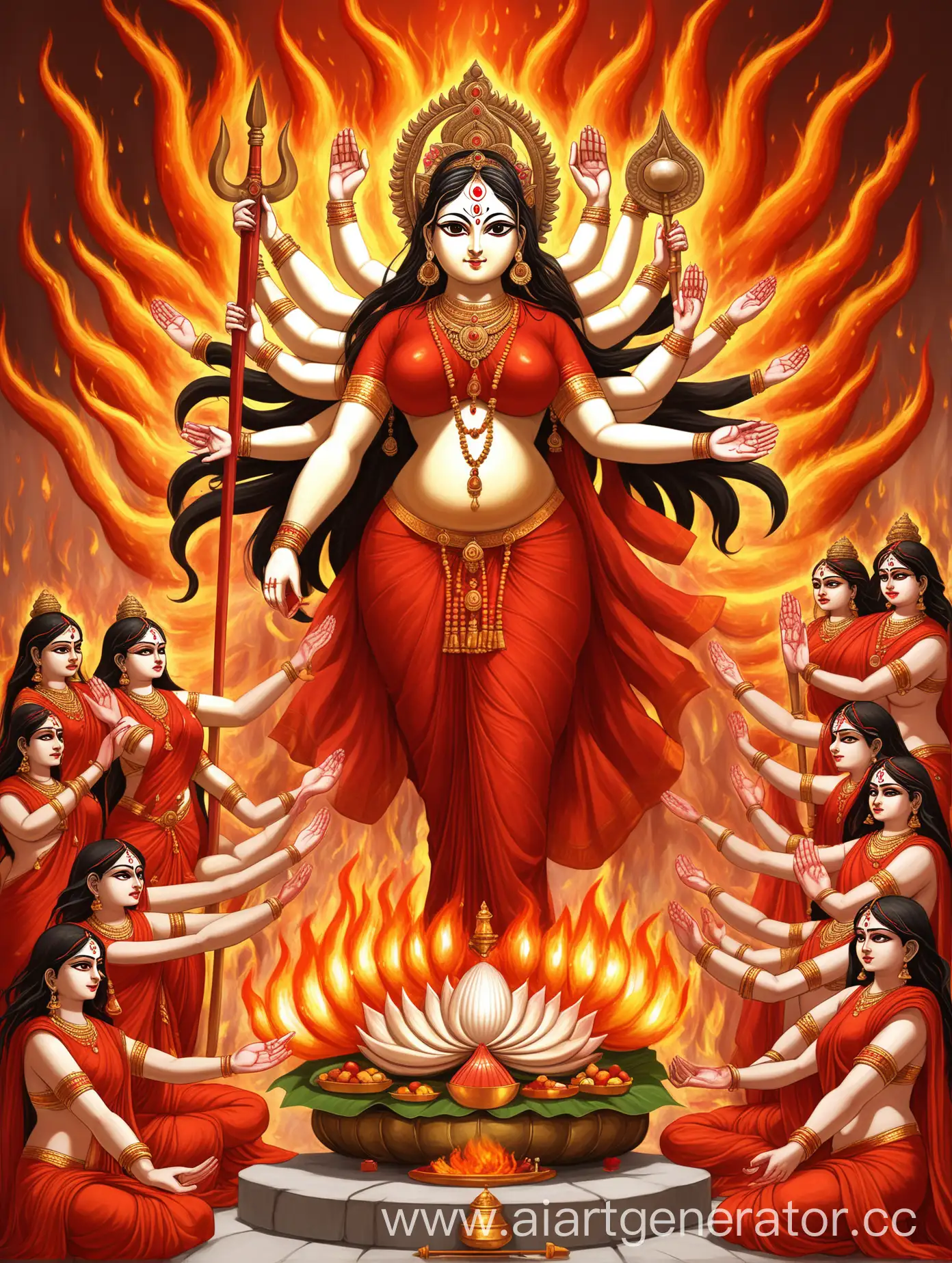 Thick fat chubby plump Maa Durga, the fierce and powerful Hindu goddess, standing tall and imposing against a backdrop of swirling, fiery energies. Her eight arms are adorned with various weapons, including a trident, a conch shell, a discus, a sword, an axe, a bow, a shield, and a rosary. Her four arms are positioned in various protective mudras, with one hand bestowing blessings upon her devotees and another holding a lotus flower, symbolizing creation and purity. Her eyes glow with an intense fire, reflecting her ability to destroy evil and protect her followers. Her hair is wild and untamed, flowing freely around her shoulders and down her back, as if it were alive with energy. She wears a crimson dhoti draped elegantly across her form, accentuating her powerful curves and exuding an aura of strength and invincibility. Behind her, the chaotic flames swirl and dance, as if they are an extension of her own fury and might. In the foreground, a group of devotees kneel in supplication, offering flowers, incense, and fruit as offerings to the mighty goddess. The image captures the raw power and unyielding protection of Maa Durga, symbolizing her eternal vigil over her devotees and her relentless fight against darkness and evil.