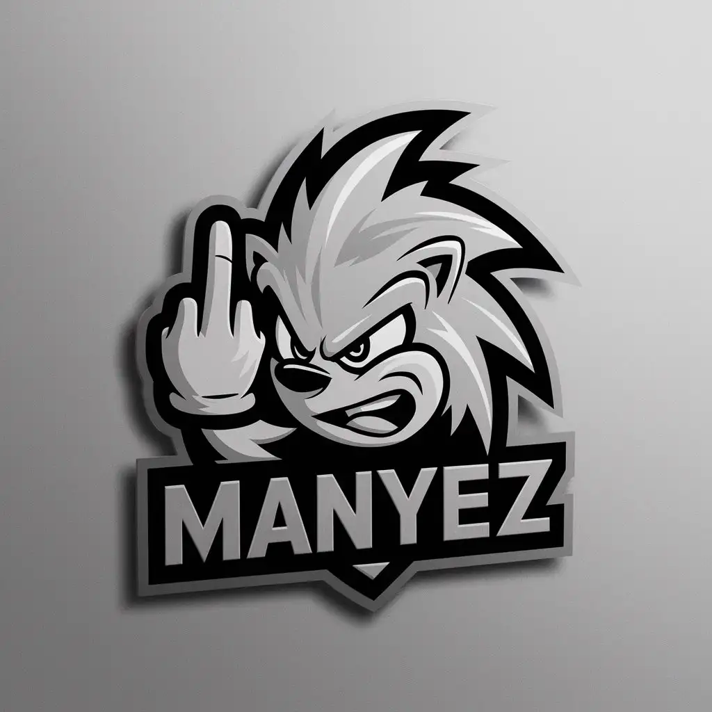 a logo design,with the text "manyEZ", main symbol:hedgehog who shows his middle finger with a angry and mocking air,complex,be used in jeux vidéo industry,clear background