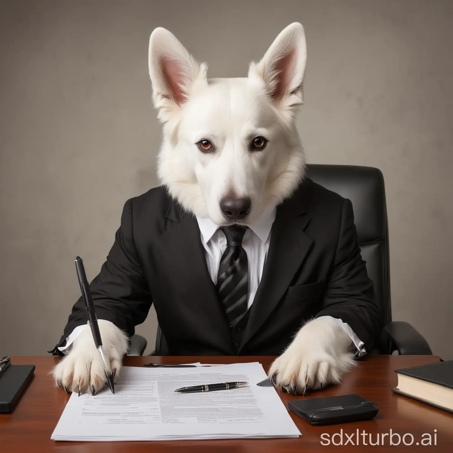 weisser schweizer schäferhund als Direktor mit Anzug und Krawatte am Schreibtisch beim Unterzeichnen von Akten
