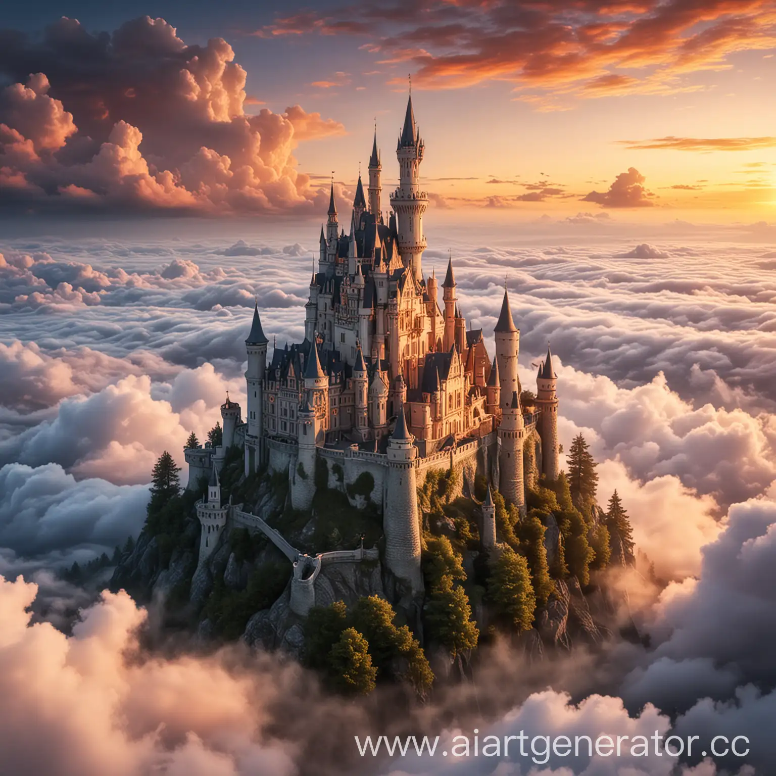 сказочный замок в облаках на рассвете