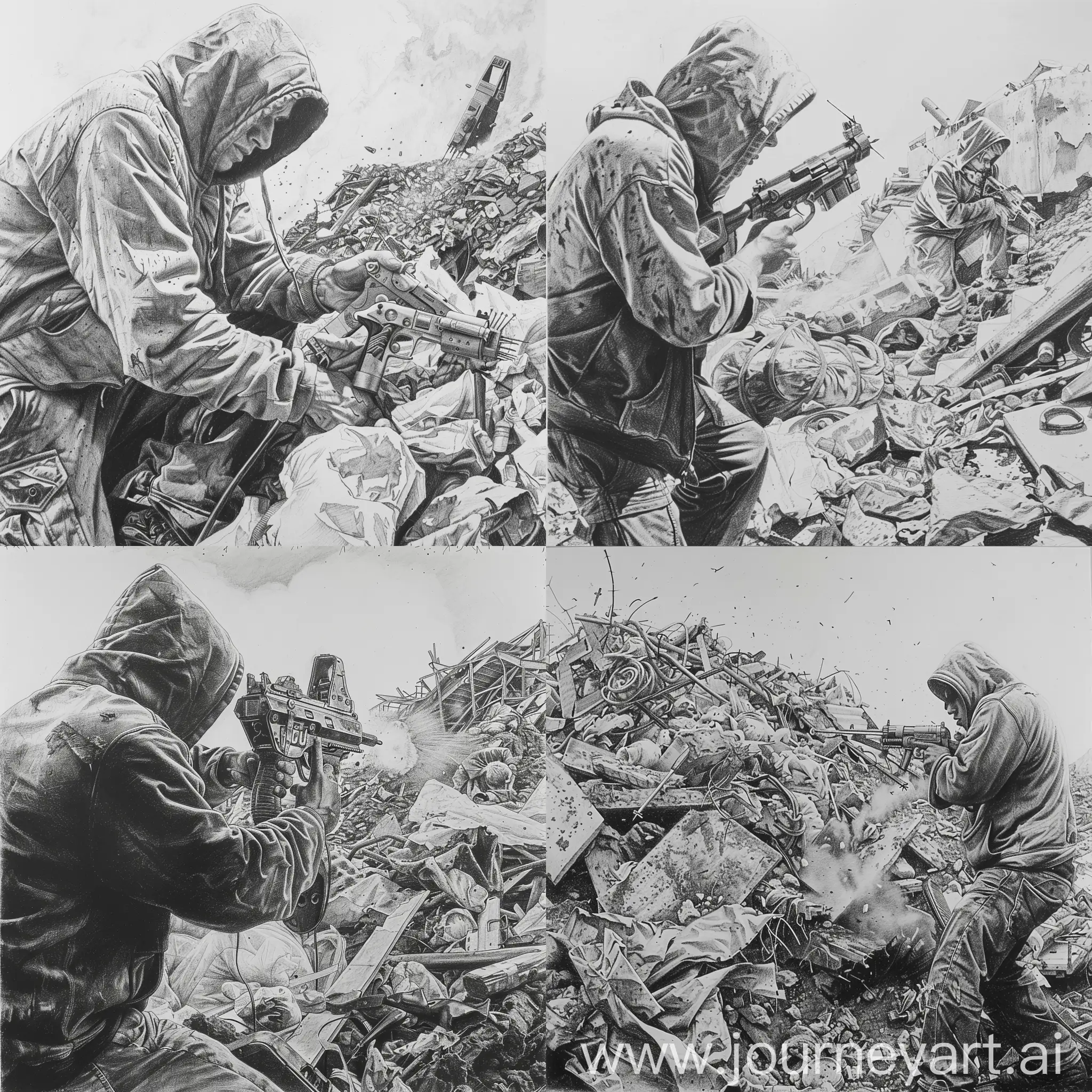 pencil drawing, black and white, huge dump, a guy in a hood, a guy using a nail gun as a pistol