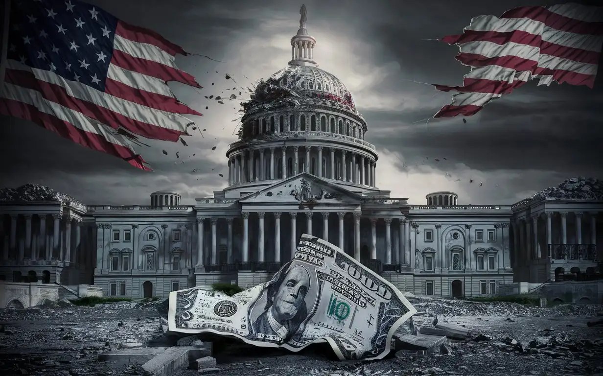 Dramatic Depiction of US Government Collapse and Currency Devaluation