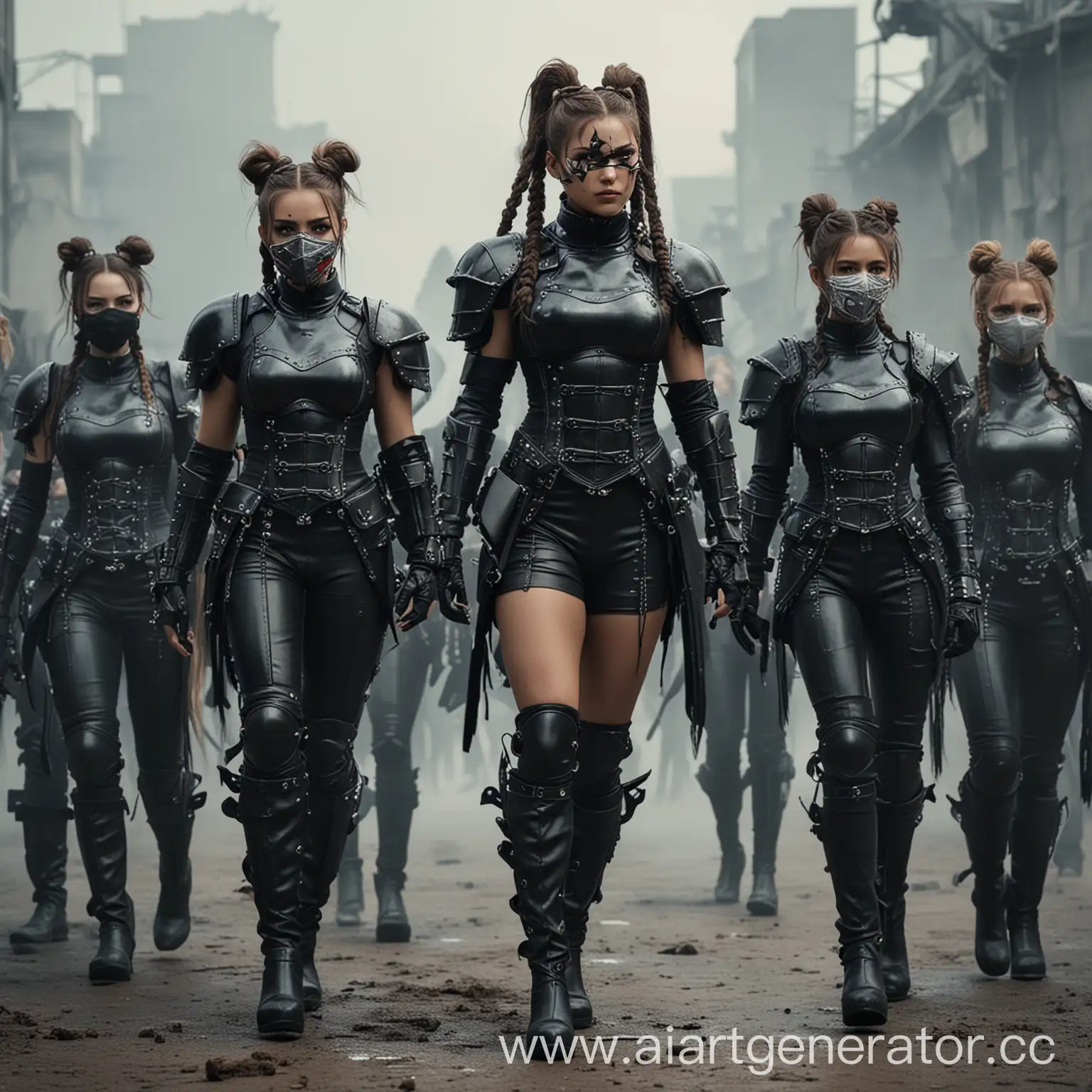 A group of female soldiers, masks, masks, gloomy, high-heeled boots, black armor, bulging breasts, fluttering hair, ponytails, double ponytails, braided hair, the enemy.