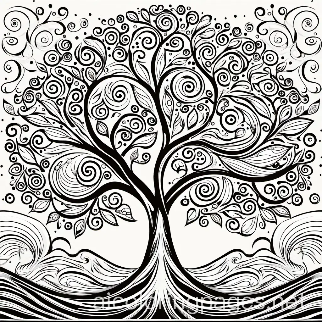 A towering tree with whimsical, swirling branches and leaves that glow in the moonlight., Coloring Page, black and white, line art, white background, Simplicity, Ample White Space. The background of the coloring page is plain white to make it easy for young children to color within the lines. The outlines of all the subjects are easy to distinguish, making it simple for kids to color without too much difficulty