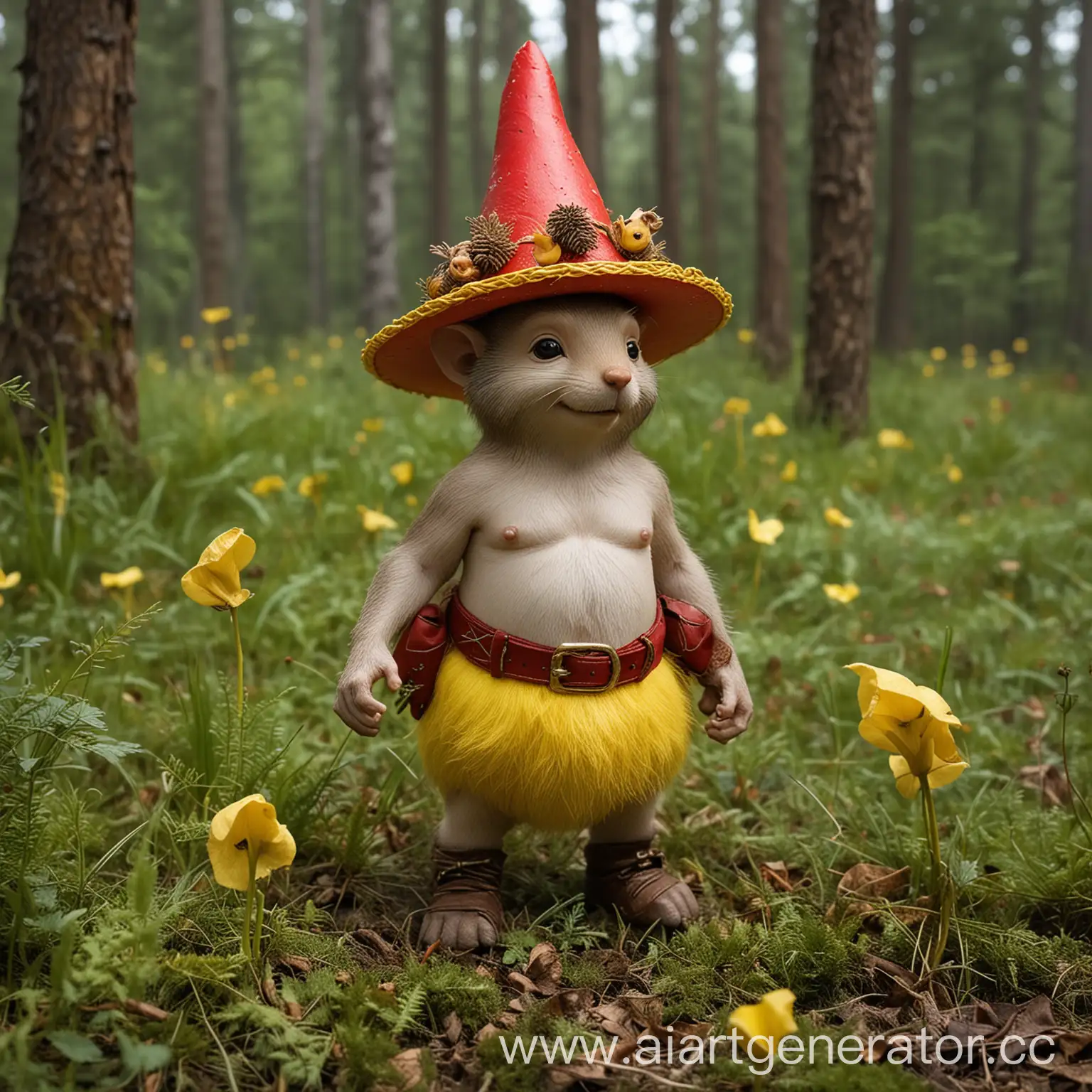 Whimsical-Red-Gnome-with-Squirrels-and-Sombrero-in-Forest-Clearing