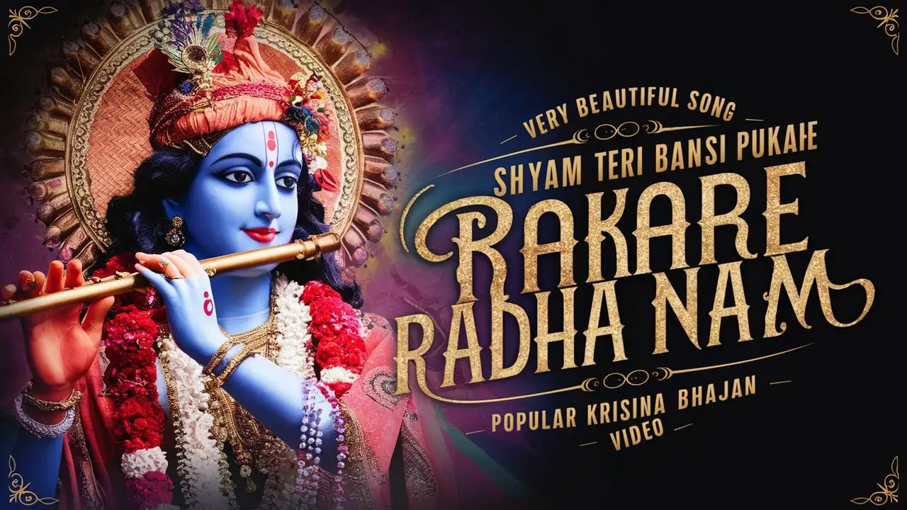 Create a Hollywood movie style poster. It should have a single photo of Lord Krishna with main title: "SHYAM TERI BANSI PUKARE RADHA NAAM" and other minor titles: VERY BEAUTIFUL SONG - POPULAR KRISHNA BHAJAN - VIDEO.