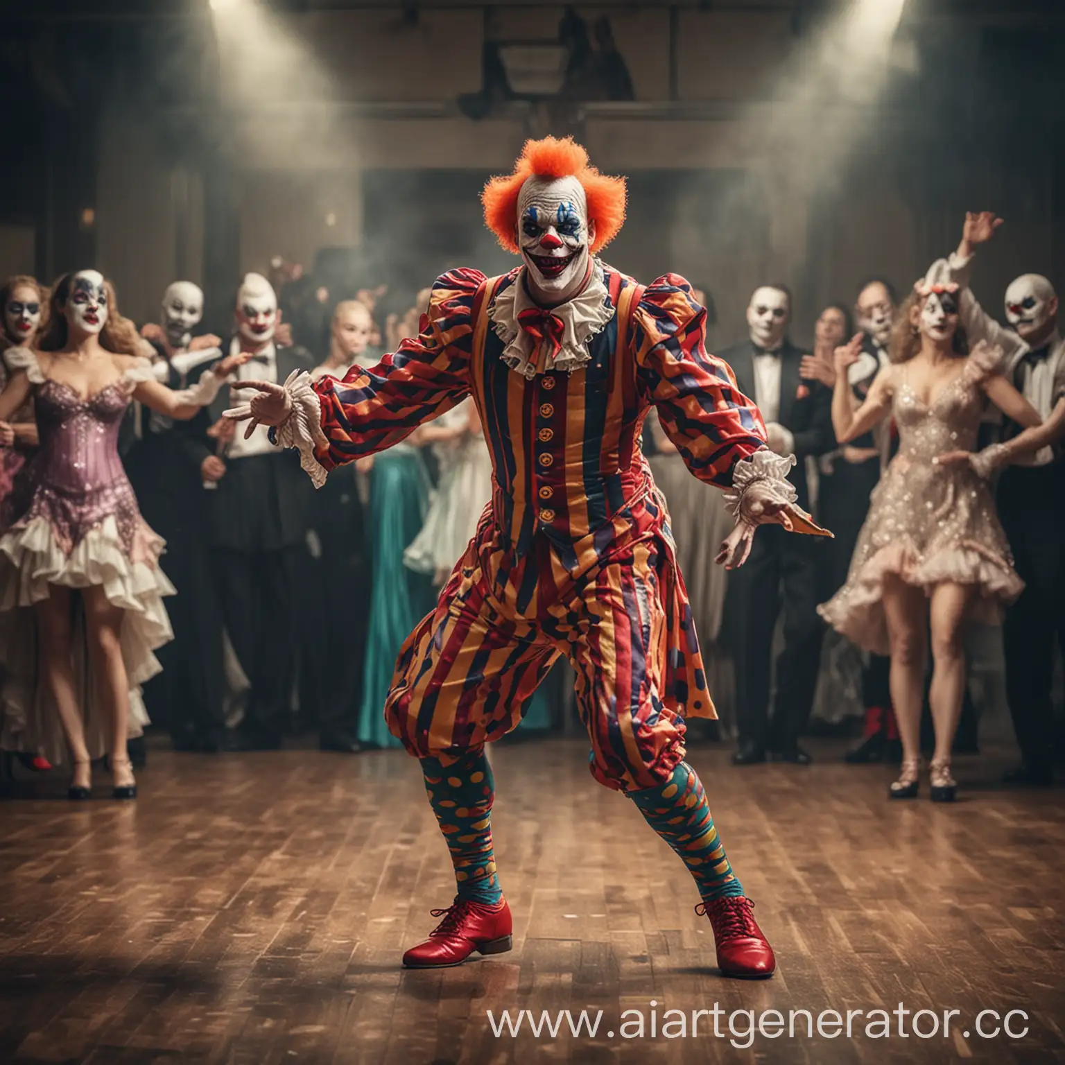 Злой клоун танцует бальные танцы на сореванованиии