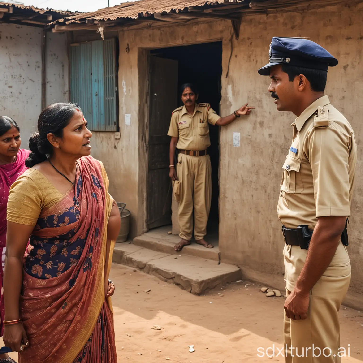 An Indian police man scolding a poor village wemen in his police station