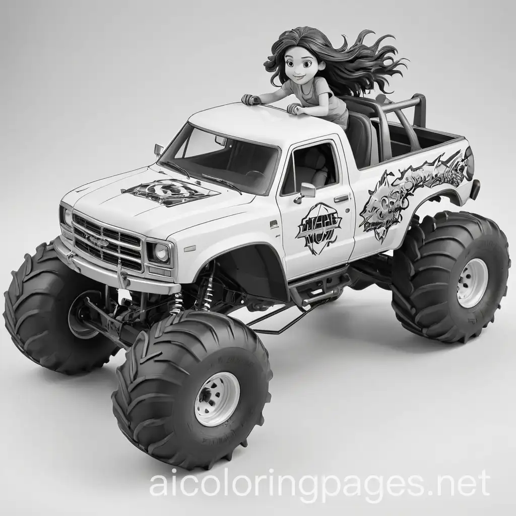 10 year old girl driving a monster truck
, Coloring Page, black and white, line art, white background, Simplicity, Ample White Space. The background of the coloring page is plain white to make it easy for young children to color within the lines. The outlines of all the subjects are easy to distinguish, making it simple for kids to color without too much difficulty