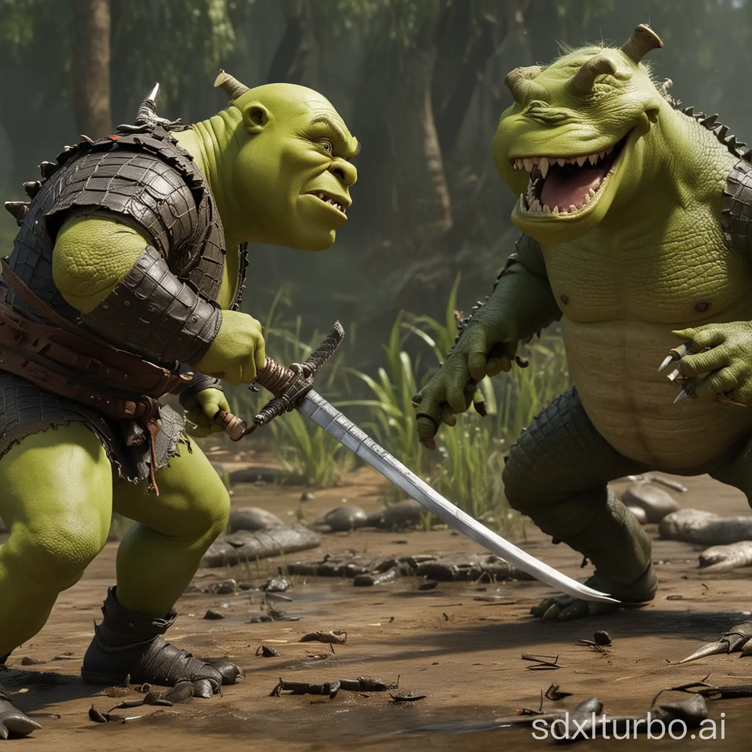 Shrek with a katana fights with a crocodile