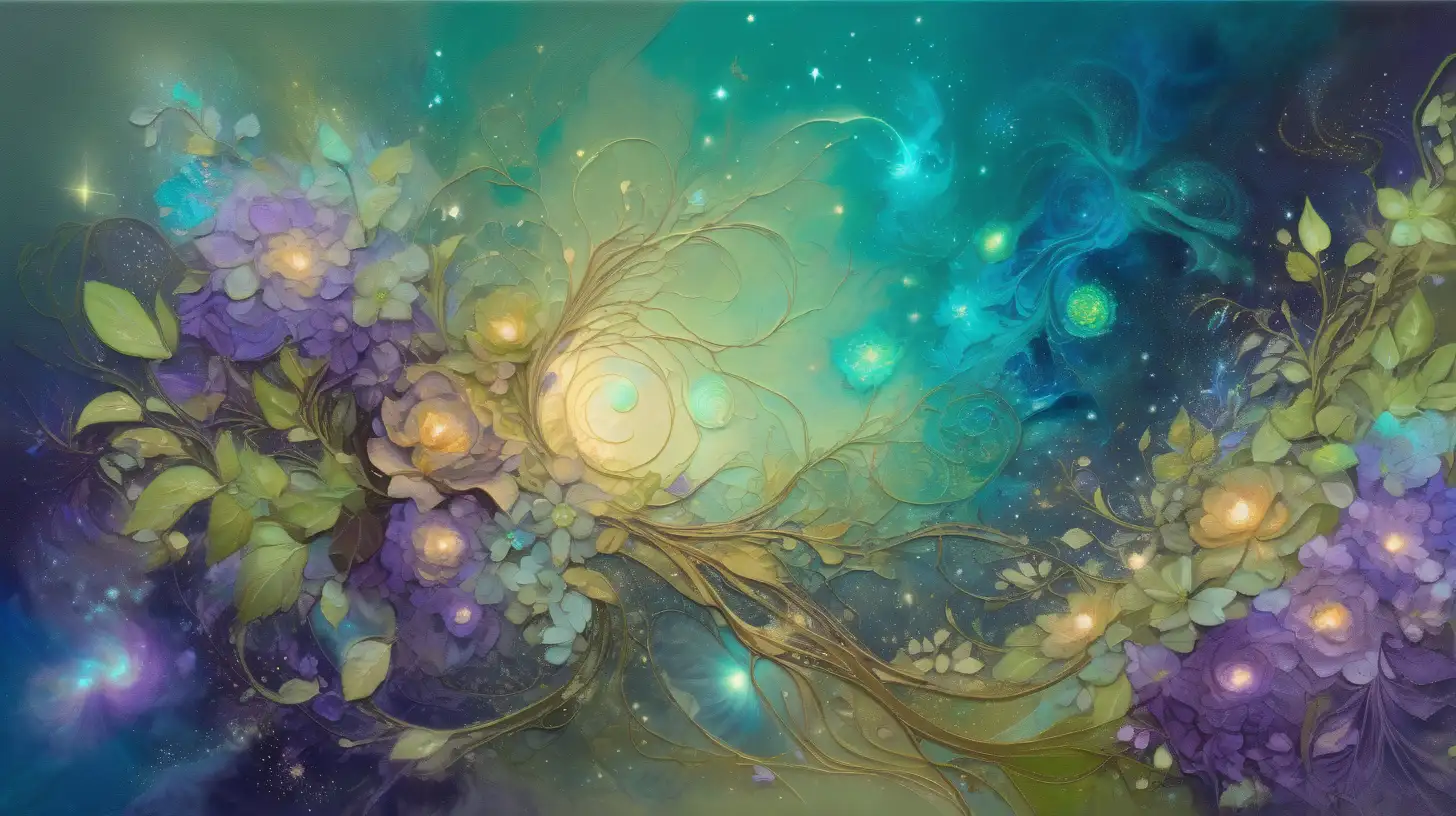 textured oil painting of abstract art of florescent colors of green-mint and leather browns and beiges and golden-whites in golden dust and a magical tan florals glowing with luminescent  green vines among blue and purple galaxies