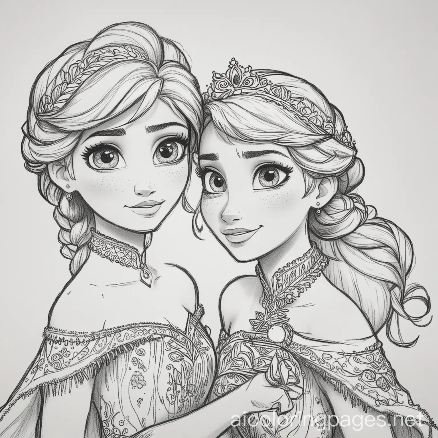 anna and elsa from frozen playing together black and white coloring page, Coloring Page, black and white, line art, white background, Simplicity, Ample White Space. The background of the coloring page is plain white to make it easy for young children to color within the lines. The outlines of all the subjects are easy to distinguish, making it simple for kids to color without too much difficulty