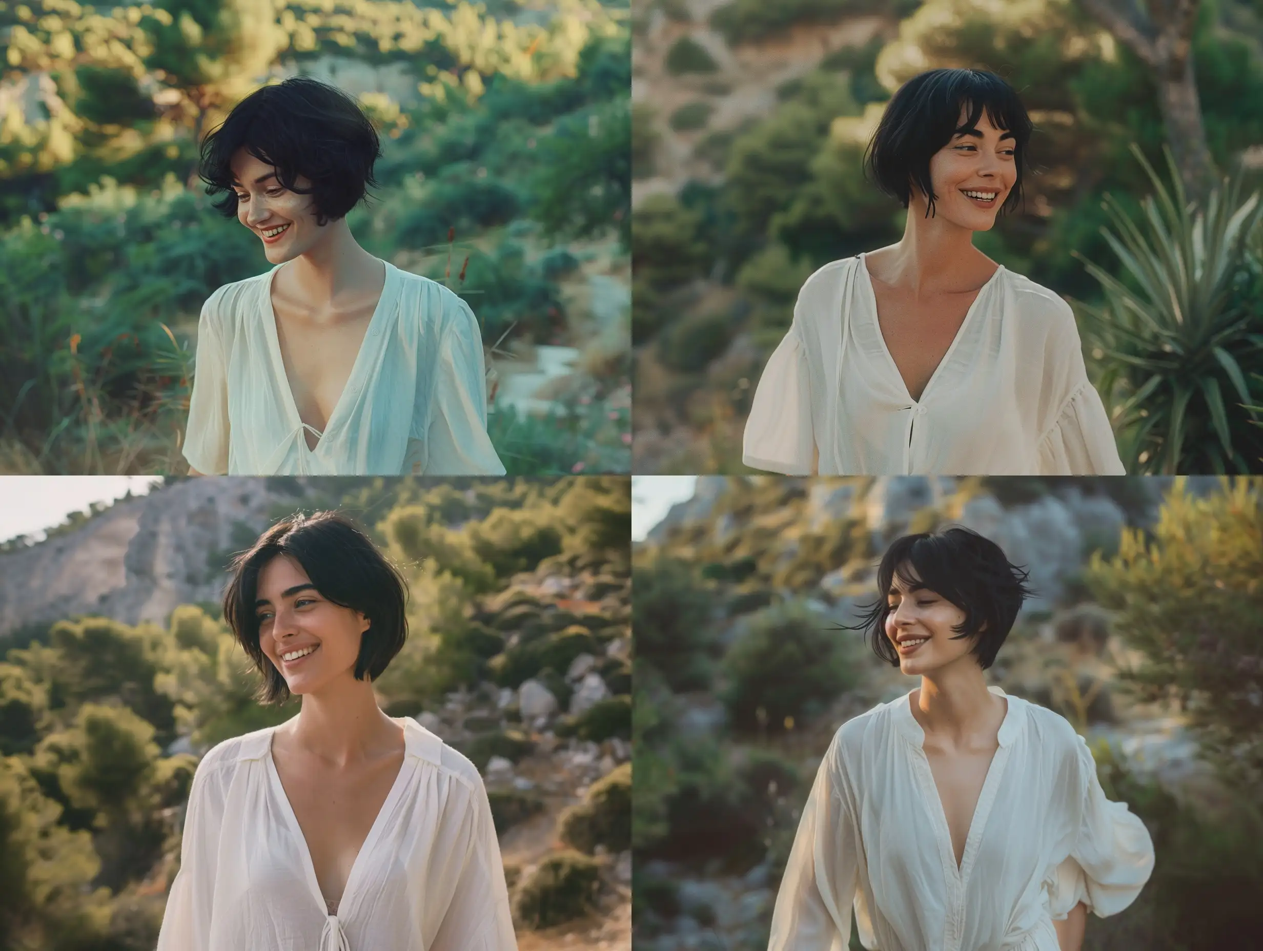 A happy woman with short black hair, wearing a comfortable summer white blouse, walking through Greece. Realistic picture in Full HD 4K quality, Landscape, Realism, Cinema 4D, High angle perspective, Muted Colors, Jungle, Instant Camera, Natural Light, Nostalgia,