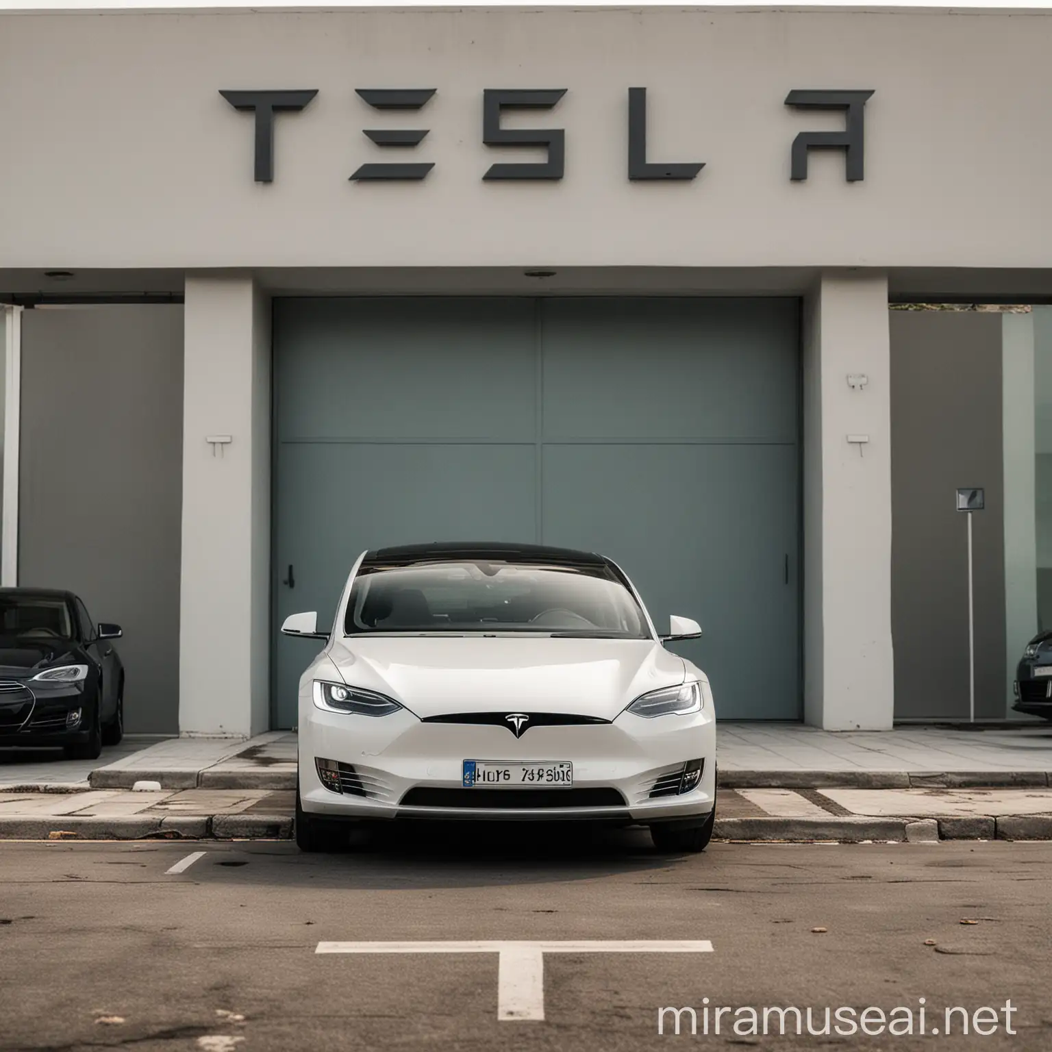 Luxury TESLA Electric Car in Greek Environment Parking Lot
