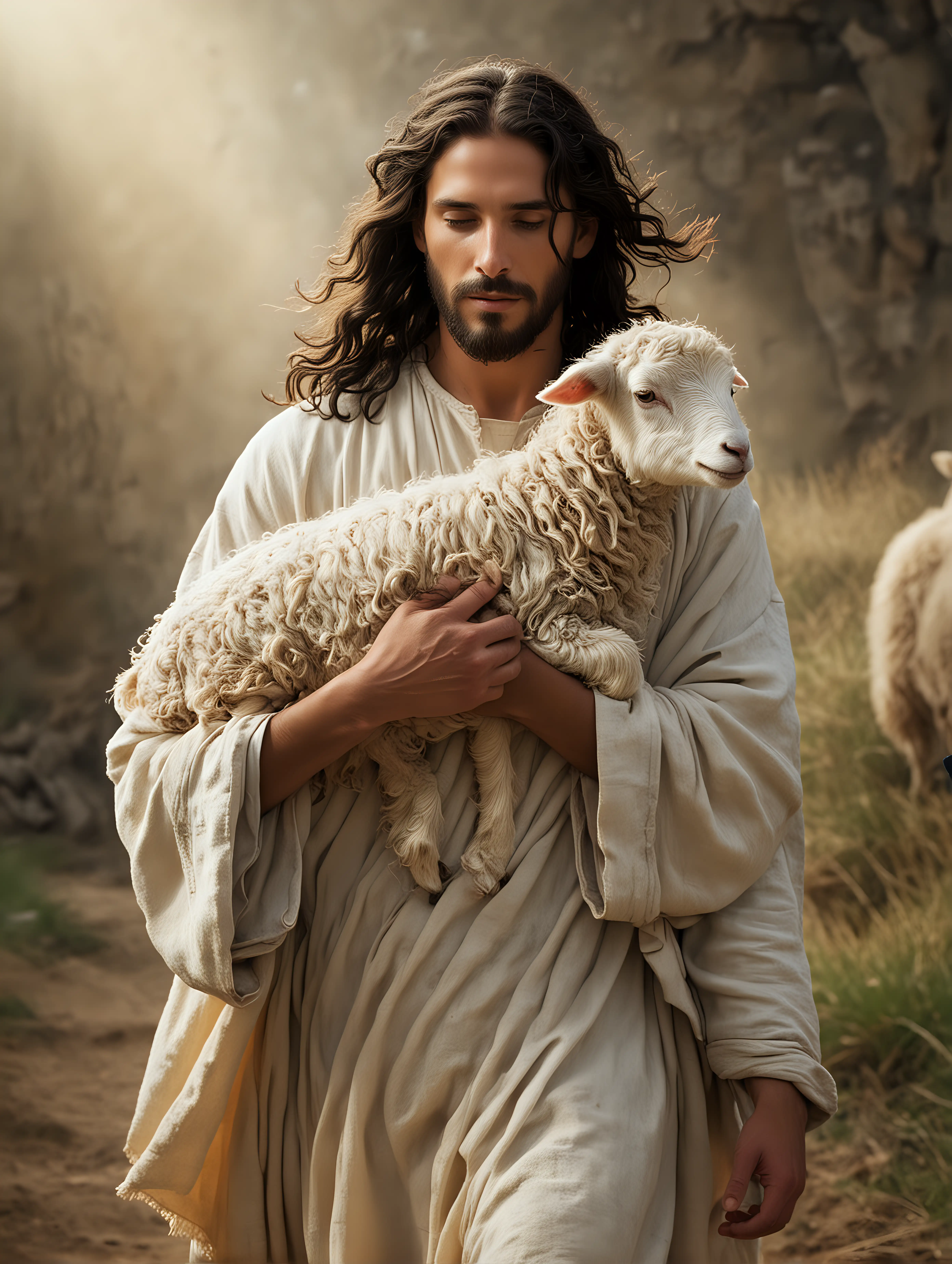 JESUS WITH LONG, DARK WAVY HAIR, CARRYING A LAMB IN HIS ARMS