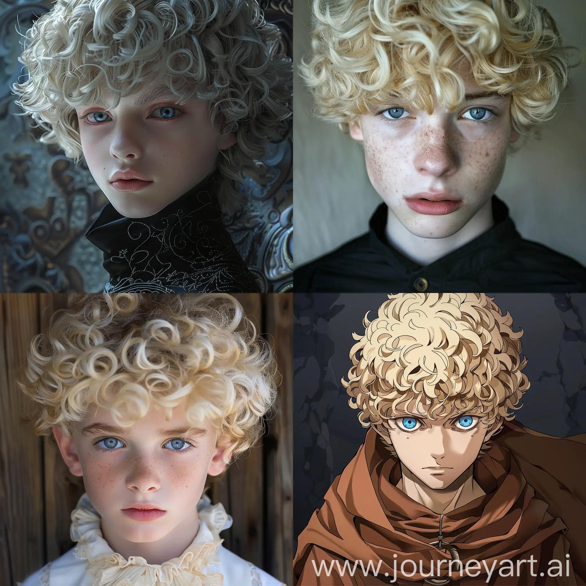 A 14-year-old waif boy priest of the domain of death with blond curly hair and blue eyes